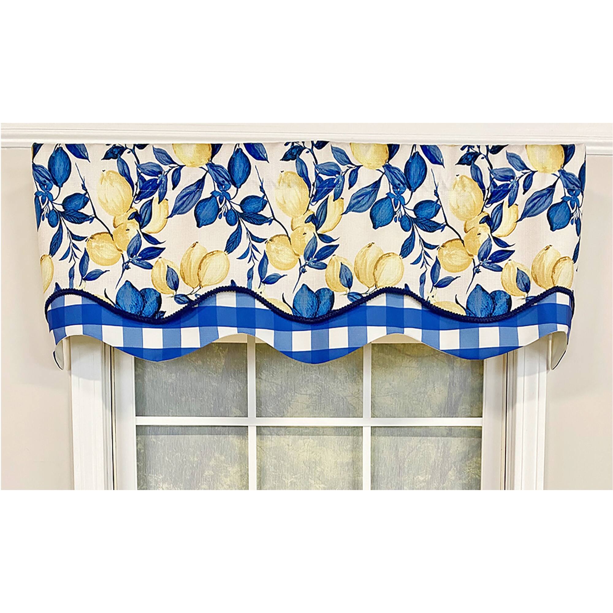 Angle. RLF Home - RLF Home El Limon Glory Valance Blue. 3" Rod Pocket, Layered, Trimmed. 50" x 16" - Blue.