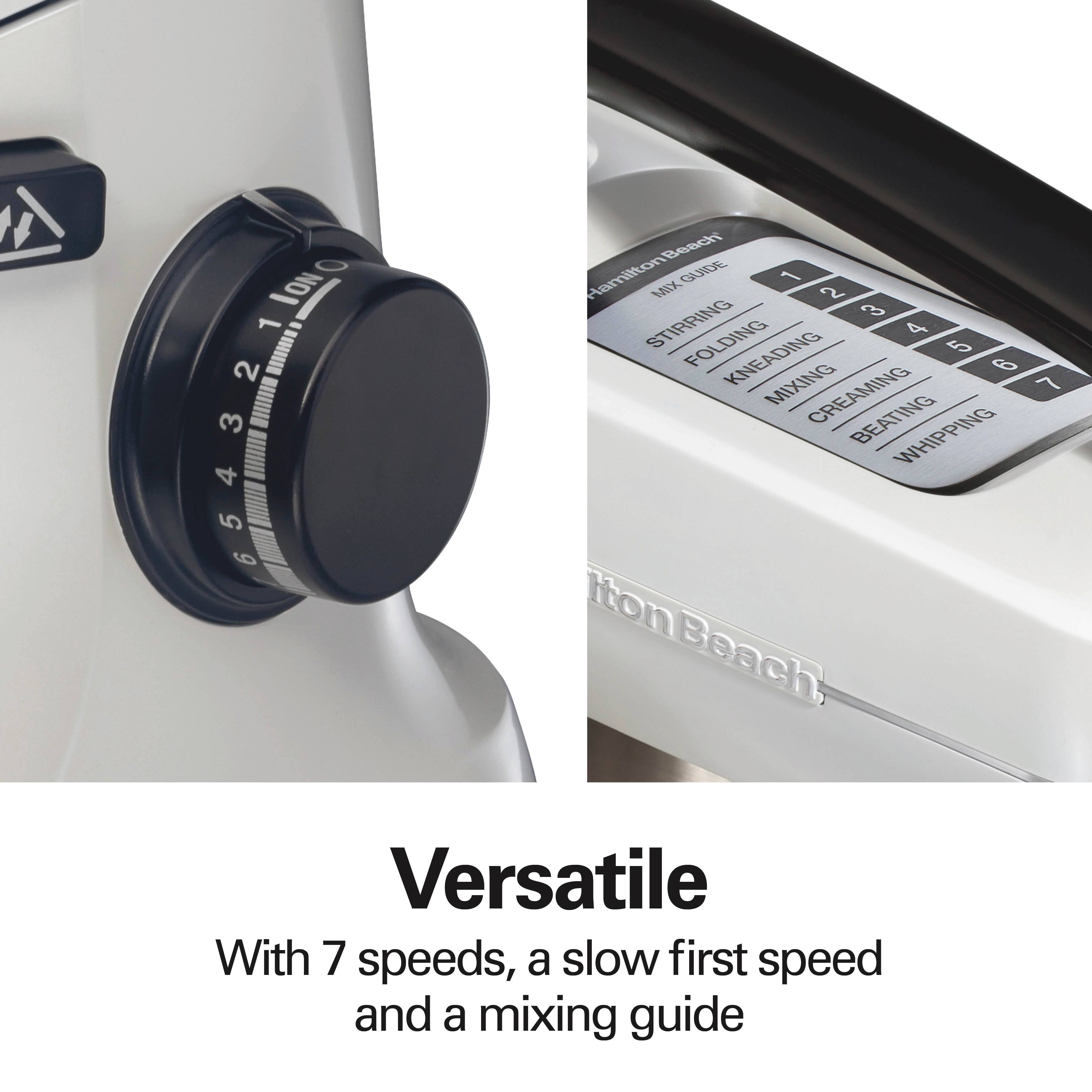 Hamilton Beach  
Versatile  
With 7 speeds, a slow first speed and a mixing guide  

Mix Guide  
1. Stirring  
2. Folding  
3. Kneading  
4. Mixing  
5. Creaming  
6. Beating  
7. Whipping
