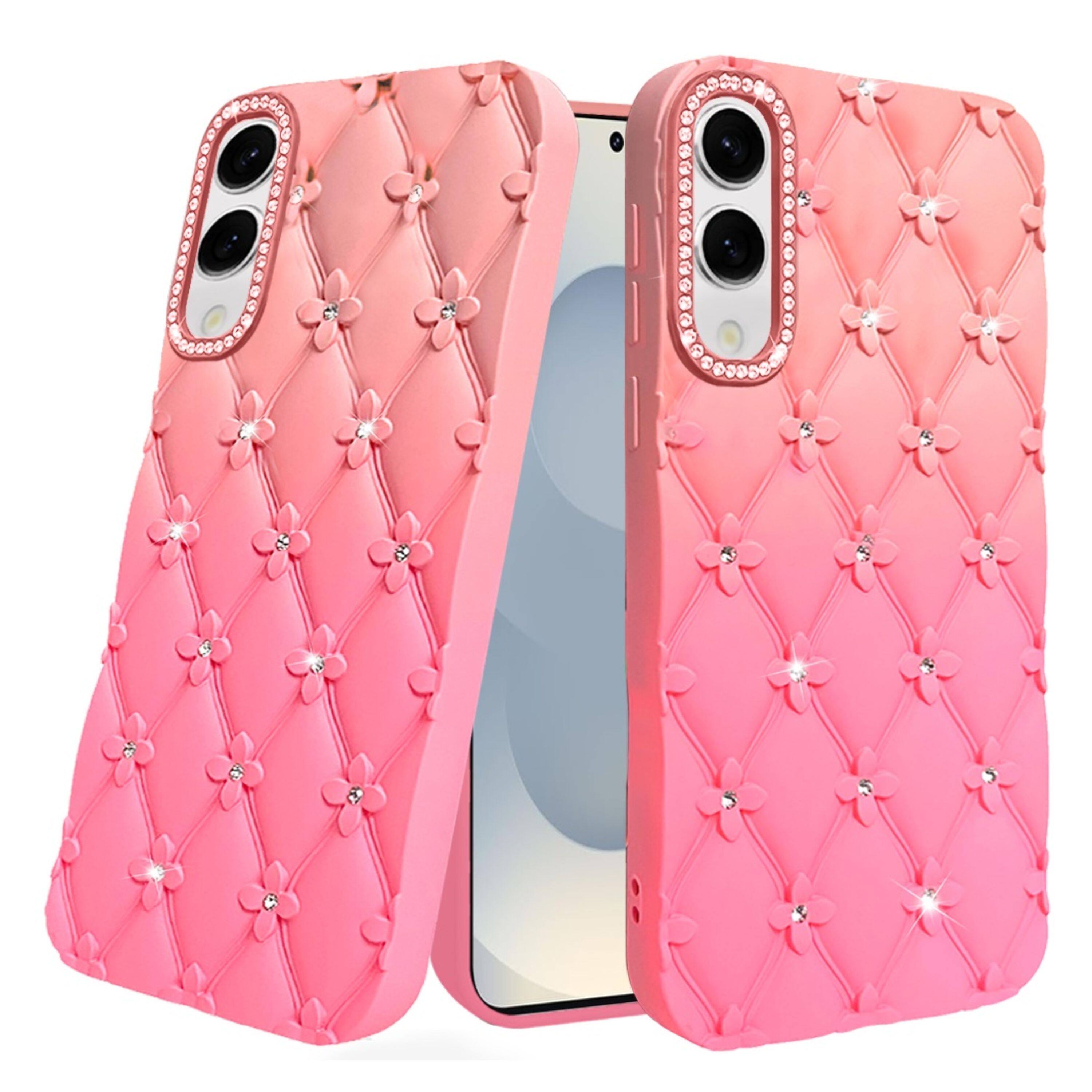 Angle. Kitcheniva - Diamond Pattern Padded Design Phone Case With Tempered Glass For Samsung S25 Edge Orange/Pink - Orange/Pink.
