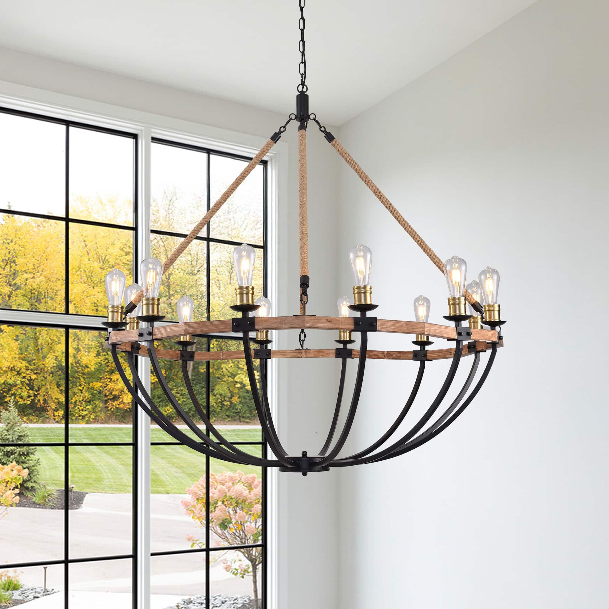 RYHNUYNE - 12-Light Farmhouse Chandelier Round Wood Pendant Light 48 Inch Large Adjustable Height Rustic Industrial Fixture