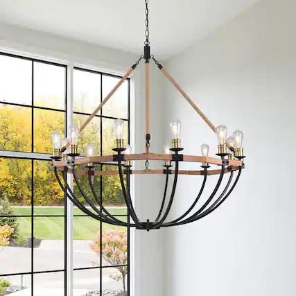 Front. RYHNUYNE - 12-Light Farmhouse Chandelier Round Wood Pendant Light 48 Inch Large Adjustable Height Rustic Industrial Fixture.