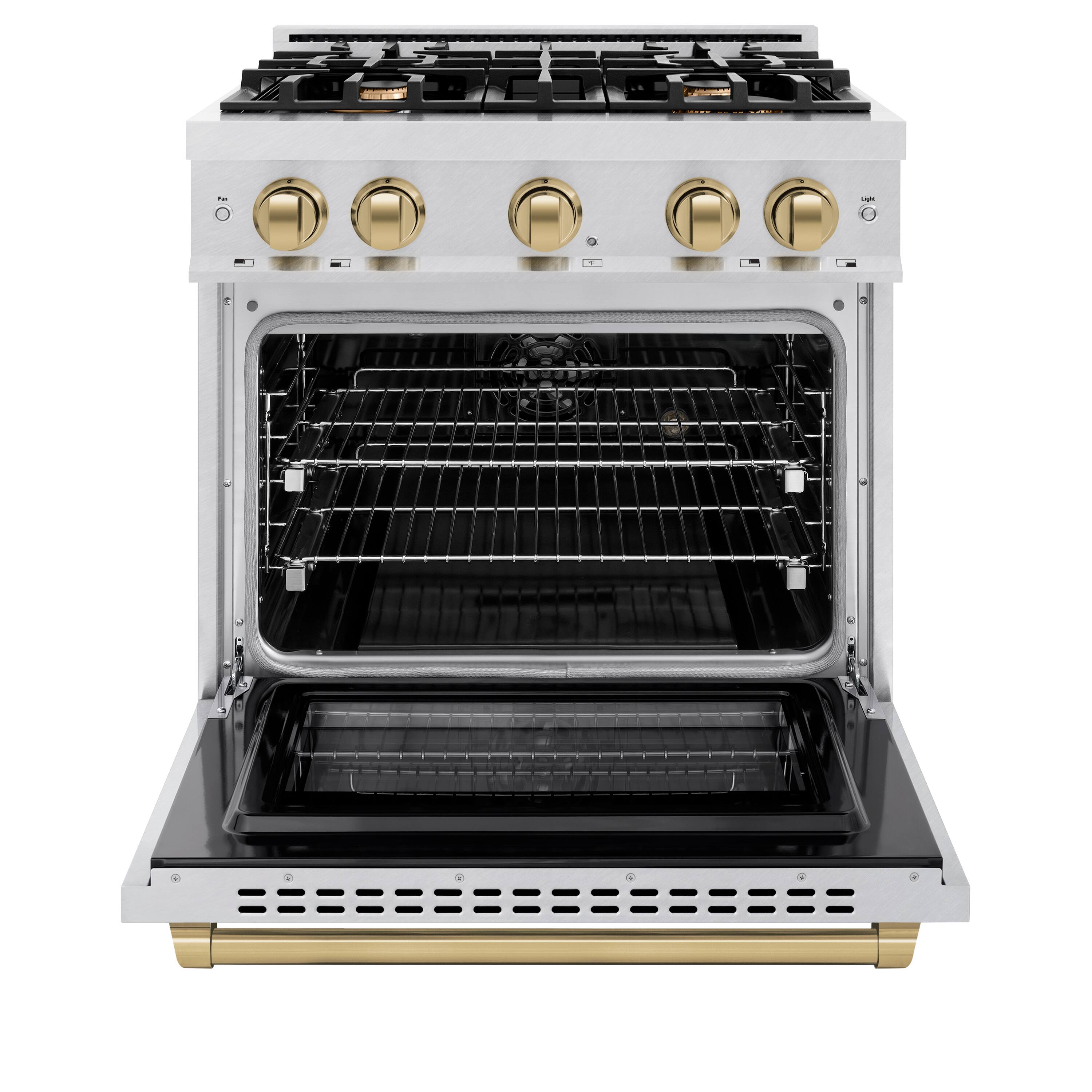 Left. ZLINE - ZLINE Autograph 30 in. Select Dual Fuel Satin Steel Range w/ 4 Burners & Bronze Accents (HDRSZ-30-CB) - Stainless Steel.