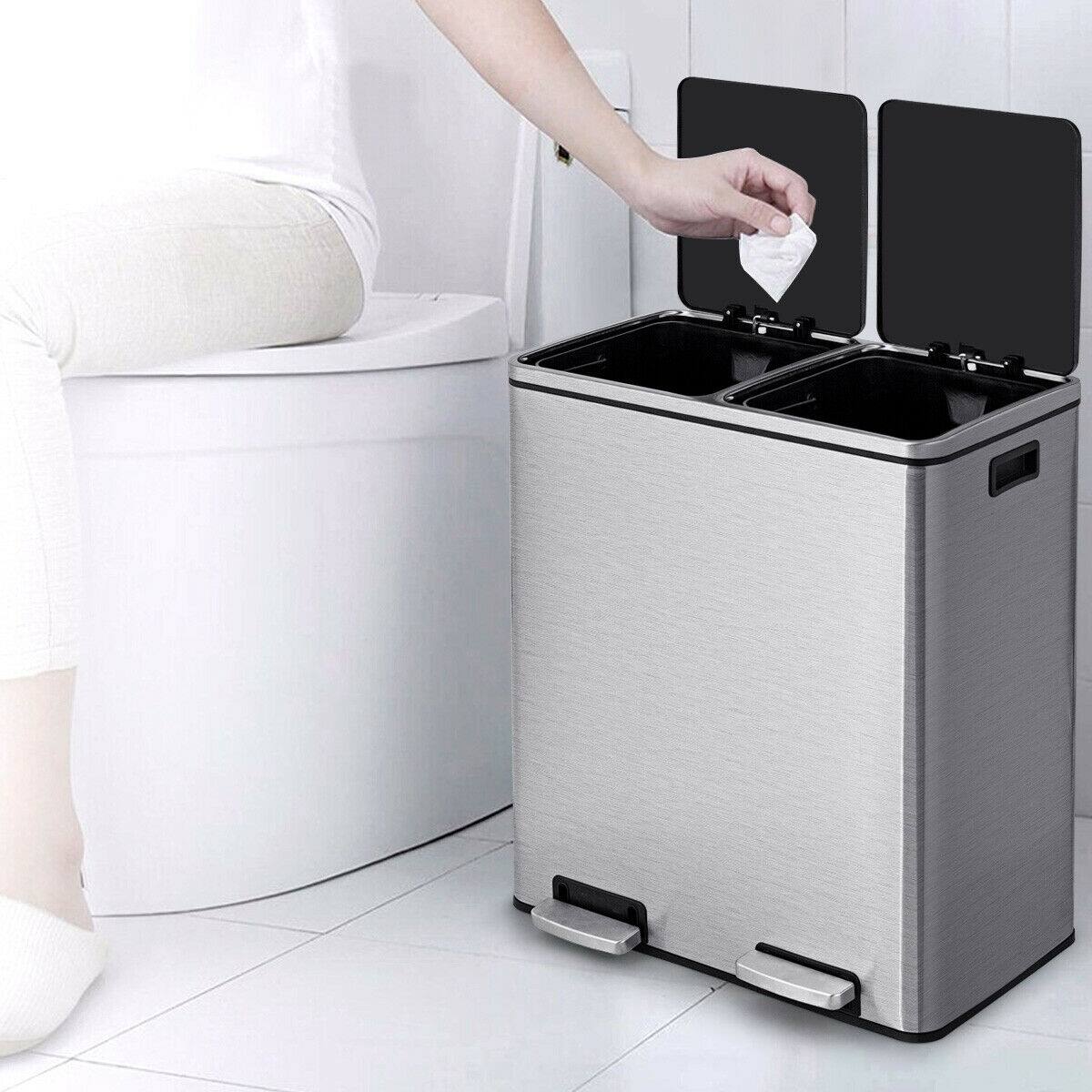 Alt View 9. Gymax - Gymax 16 Gallon Dual Step Trash Can Recycling Stainless Steel Double Bucket Pedal Bin - Silver.