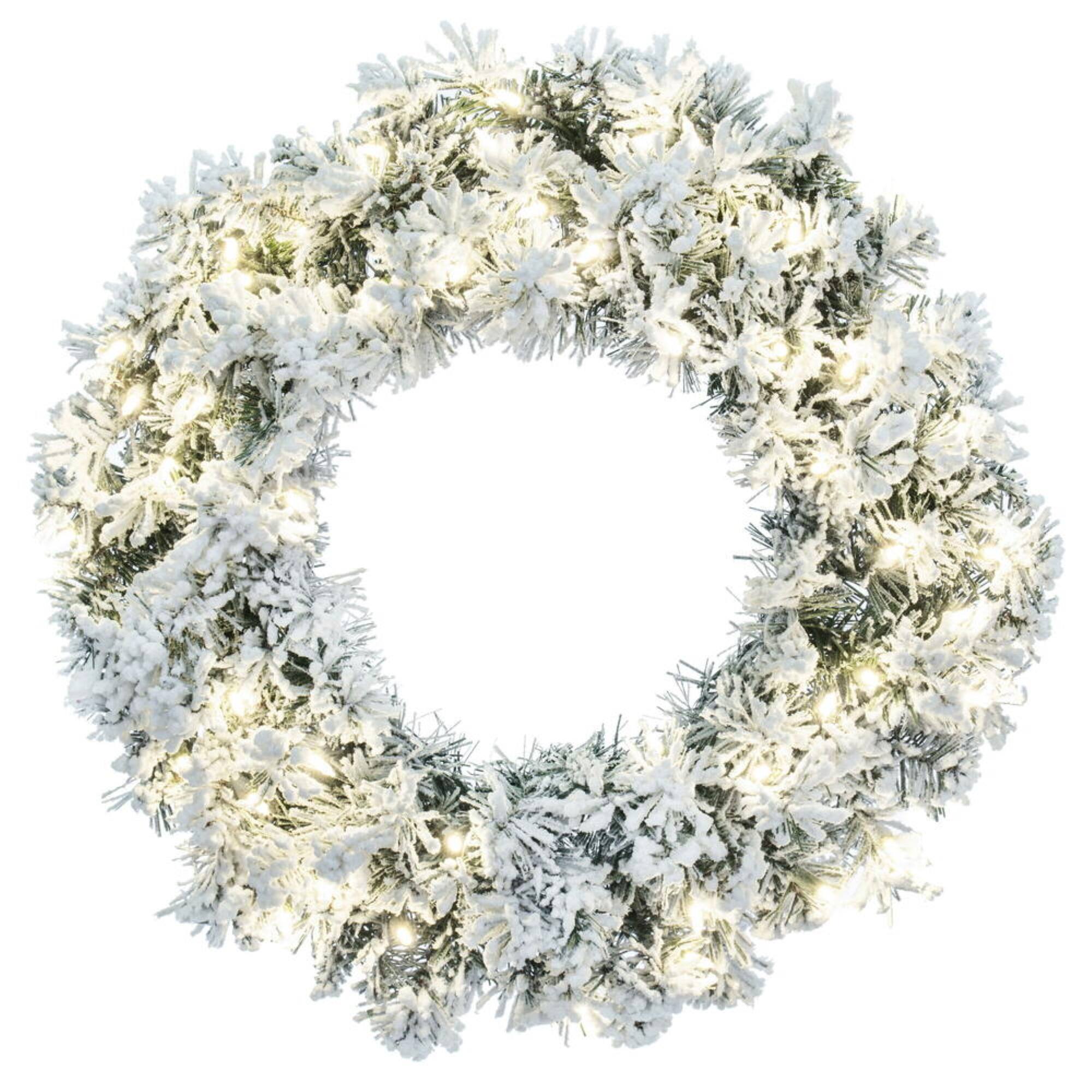 Front. Vickerman - Vickerman 24" Frosted Glacier Pine Pre-Lit Wreath with 150 Frosted Mixed PVC Tips and 50 Dura-Lit Warm White Mini Lights - Green.