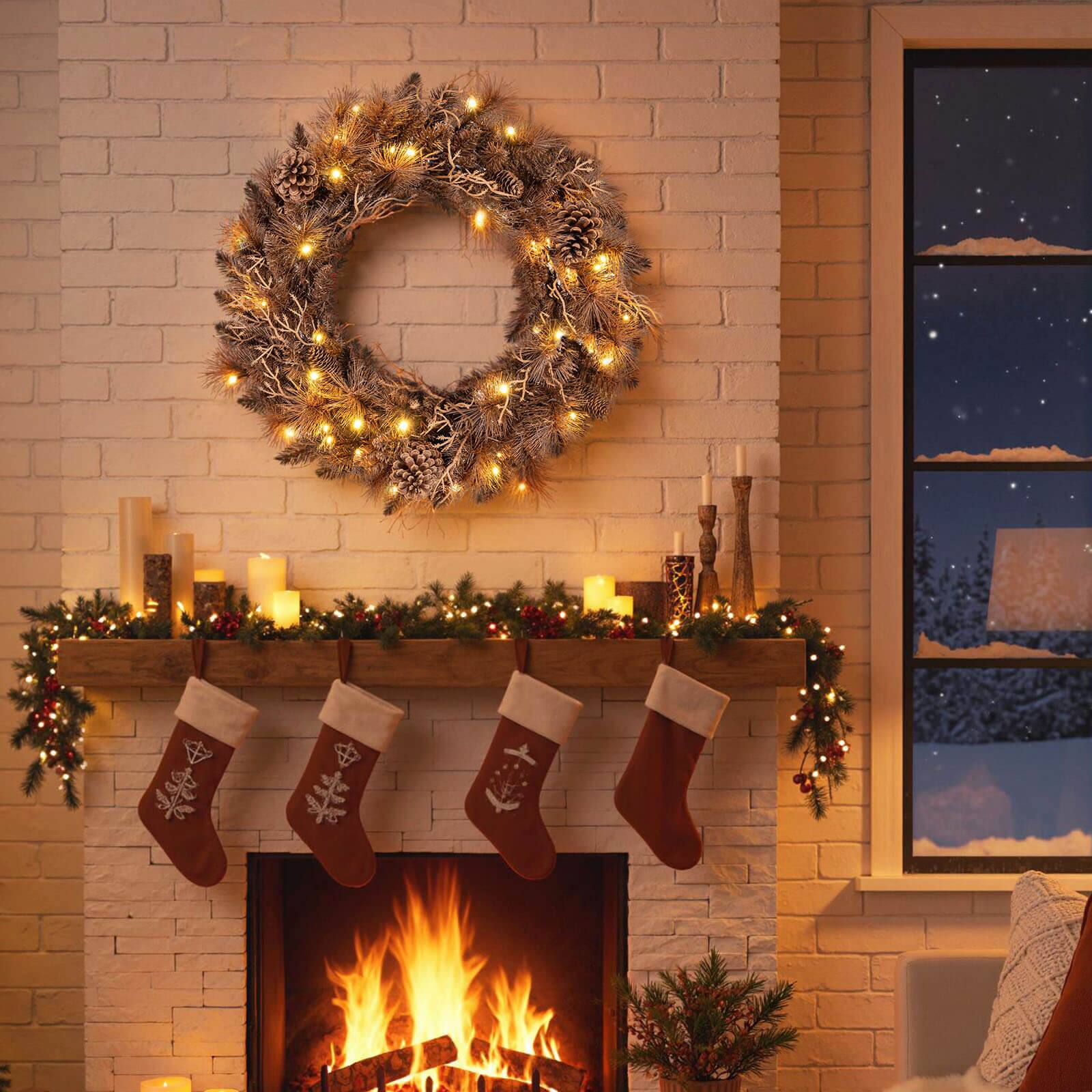 Alt View 1. Costway - Costway 2 PCS 24" Pre-lit Christmas Wreath Front Door Artificial Xmas Wreath with 105 Branch Tips - Brown.