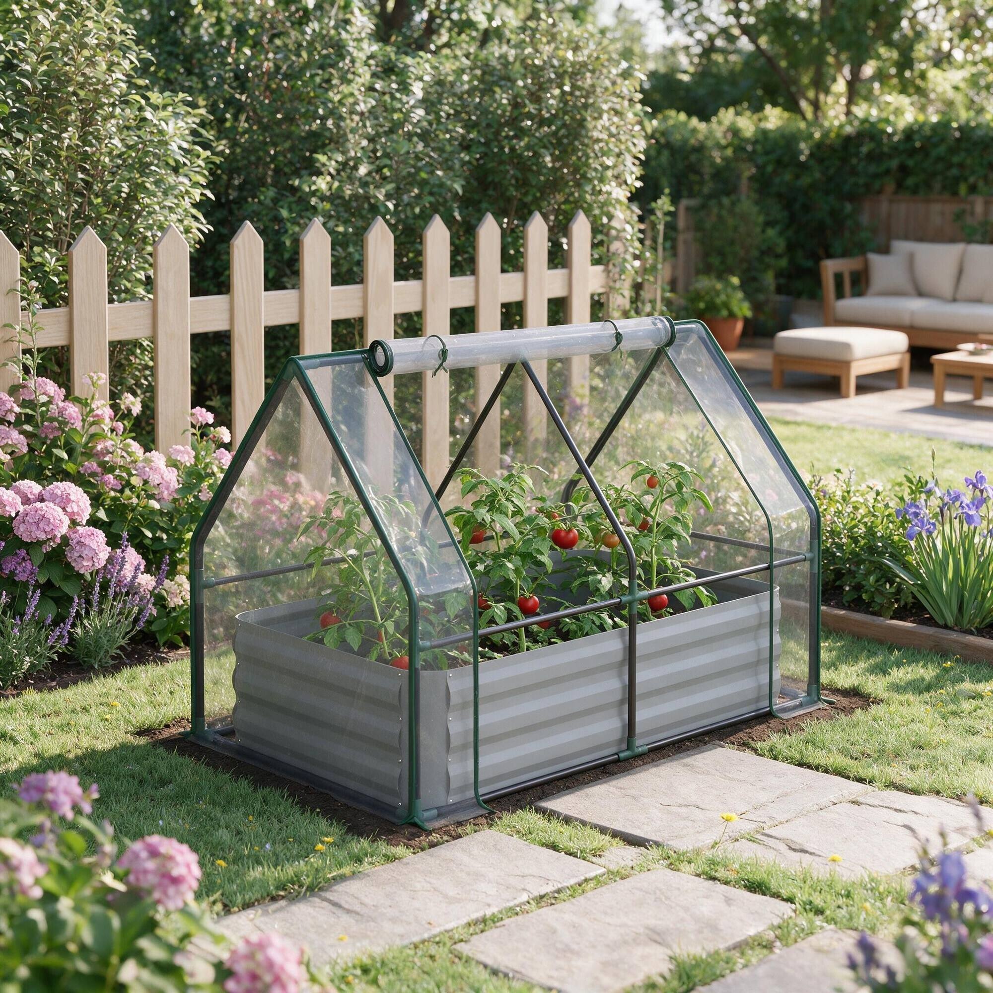 Left. RYHNUYNE - Outsunny 4' x 3' Galvanized Raised Garden Bed with PVC Greenhouse Cover, 2 Roll-Up Windows for Vegetables - Clear.