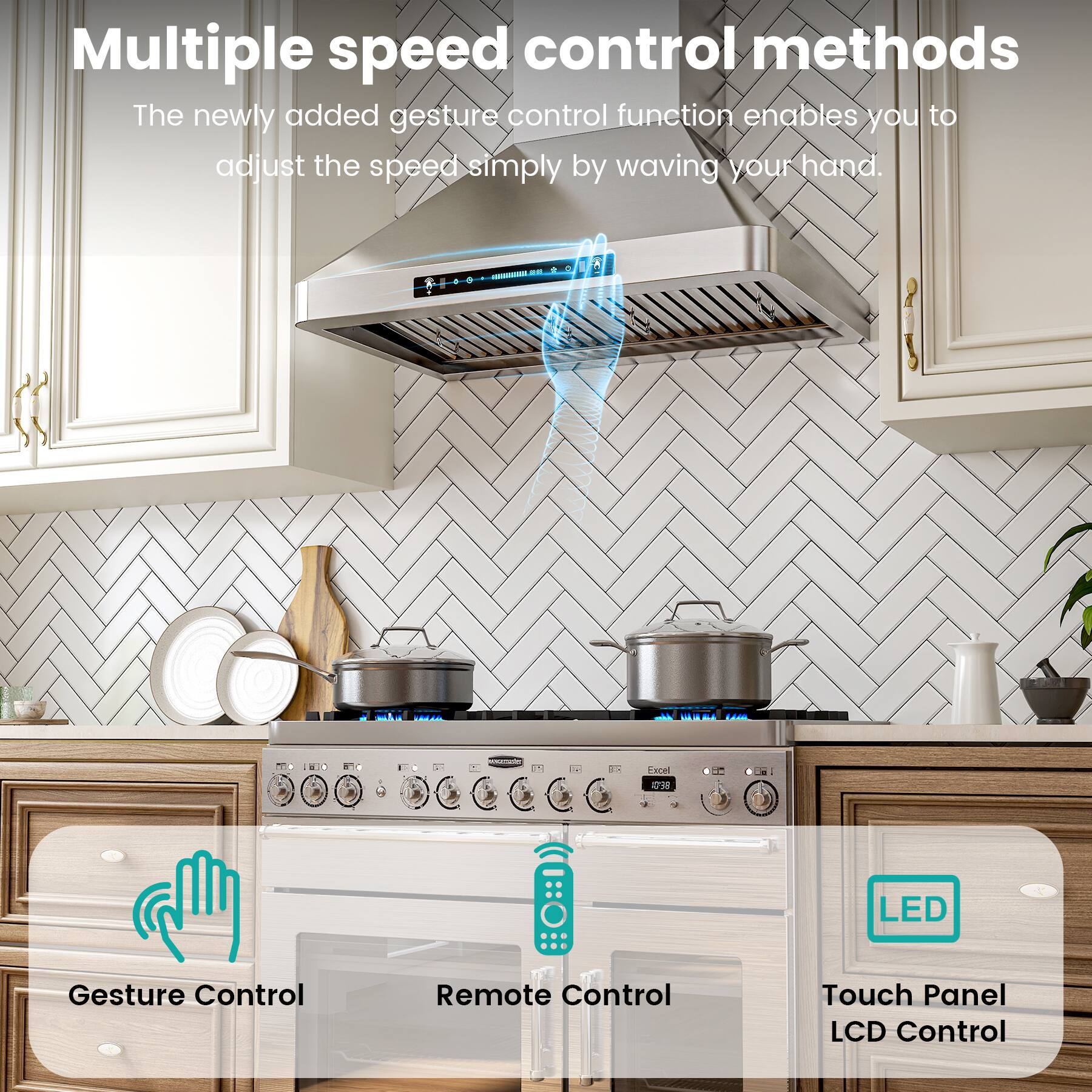 Multiple speed control methods

The newly added gesture control function enables you to adjust the speed simply by waving your hand.

- Gesture Control
- Remote Control
- Touch Panel LCD Control