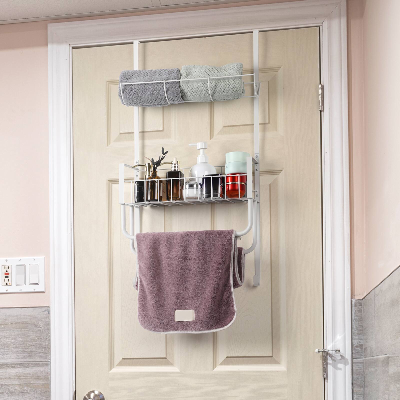 Alt View 4. Oumilen - Matte White Over Door Metal Towel & Bathroom Storage Organizer Rack - White.