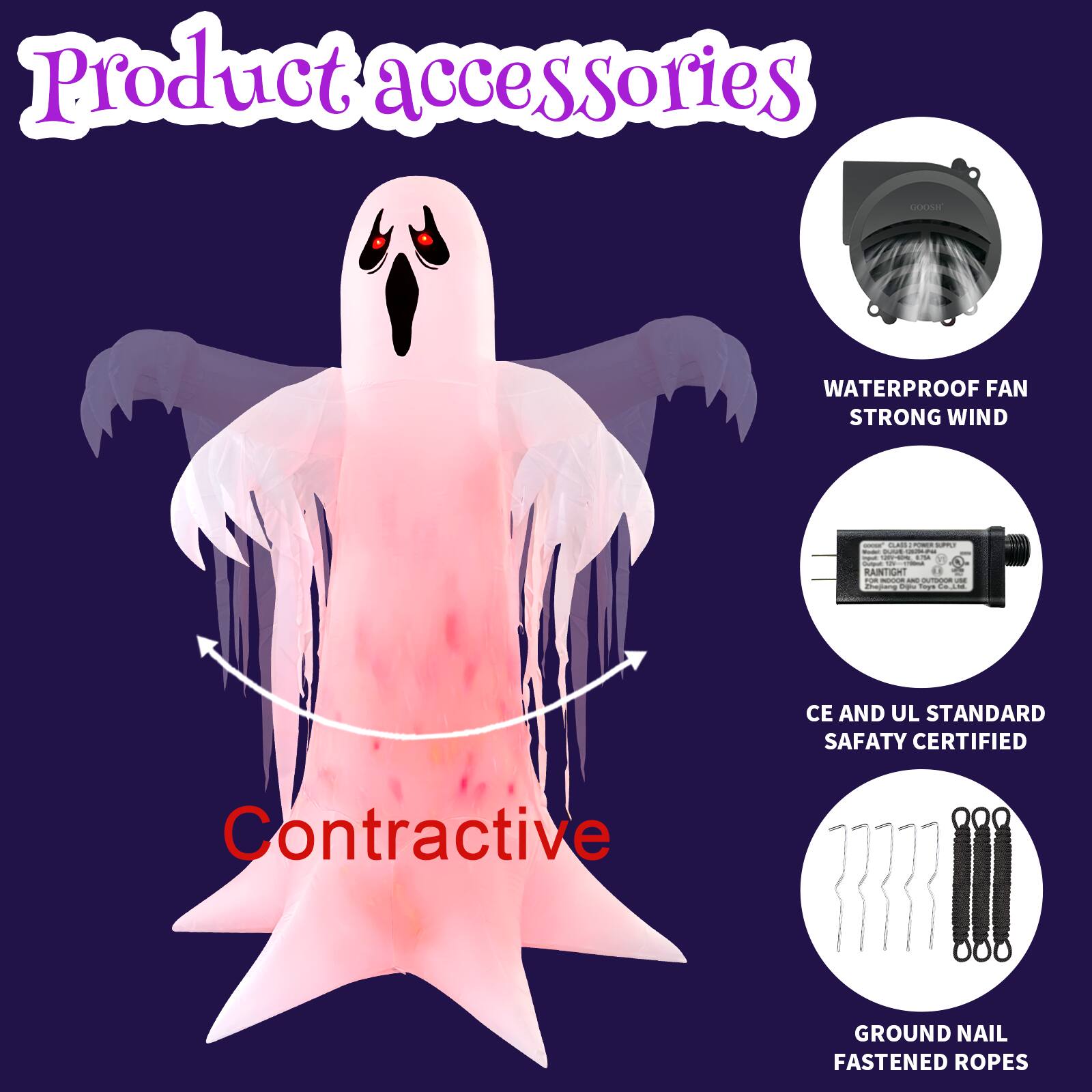 Product accessories

- WATERPROOF FAN STRONG WIND
- CE AND UL STANDARD SAFETY CERTIFIED
- GROUND NAIL FASTENED ROPES