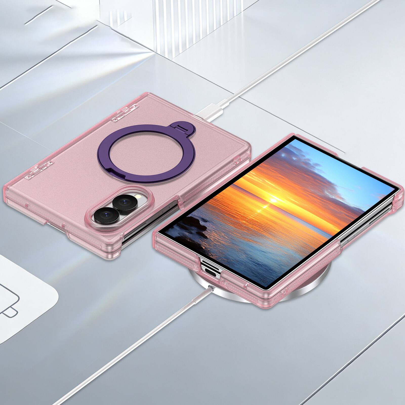 Alt View 2. Dteck - Shockproof Frosted Phone Case for Samsung Galaxy Z Fold8 with Ring Stand, Rugged Slim Magnetic Rigid Plastic Hinge Cover - Mattepink.
