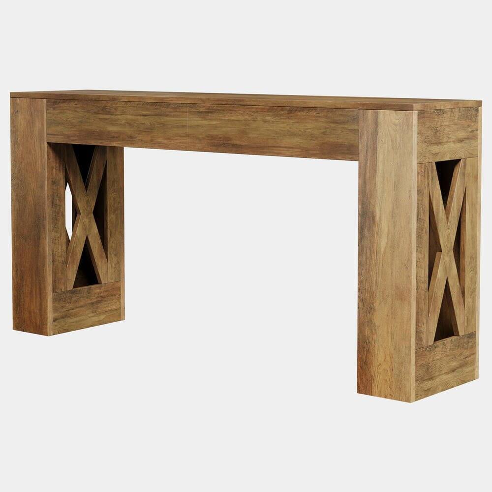 Left. Kadyn - 63-Inch Farmhouse Console Table with 2 Drawers and X-Legs, Narrow Sofa Table, Warm Brown - Brown.