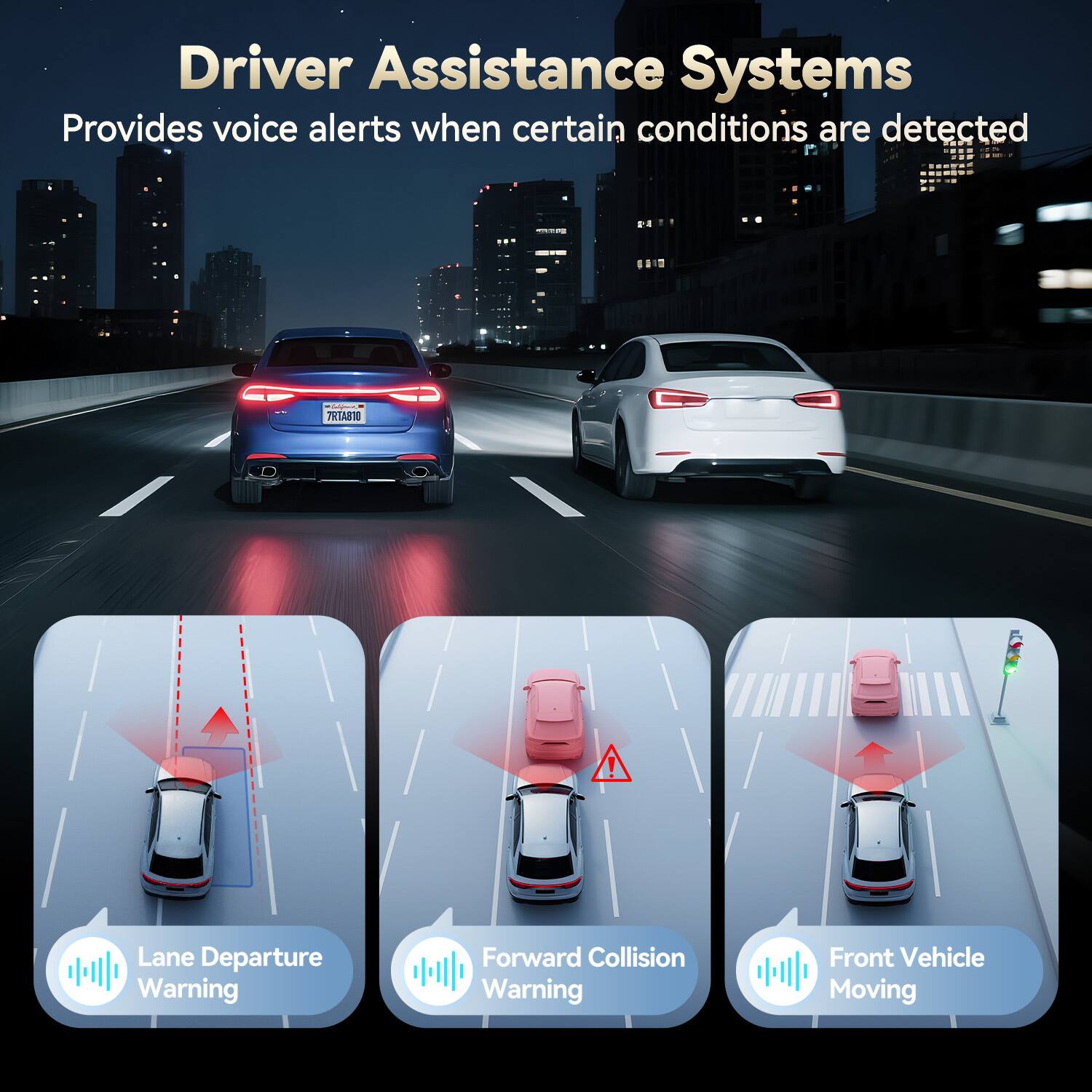 Driver Assistance Systems  
Provides voice alerts when certain conditions are detected  

- Lane Departure Warning  
- Forward Collision Warning  
- Front Vehicle Moving