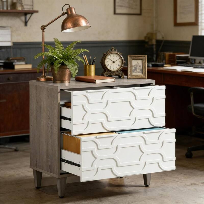 Back. HTUTWOO - Wood Storage Cabinet - File Cabinet with Drawer, Adjustable Stainless Steel Rods for Legal, Particle Board & Steel - Gray+White.