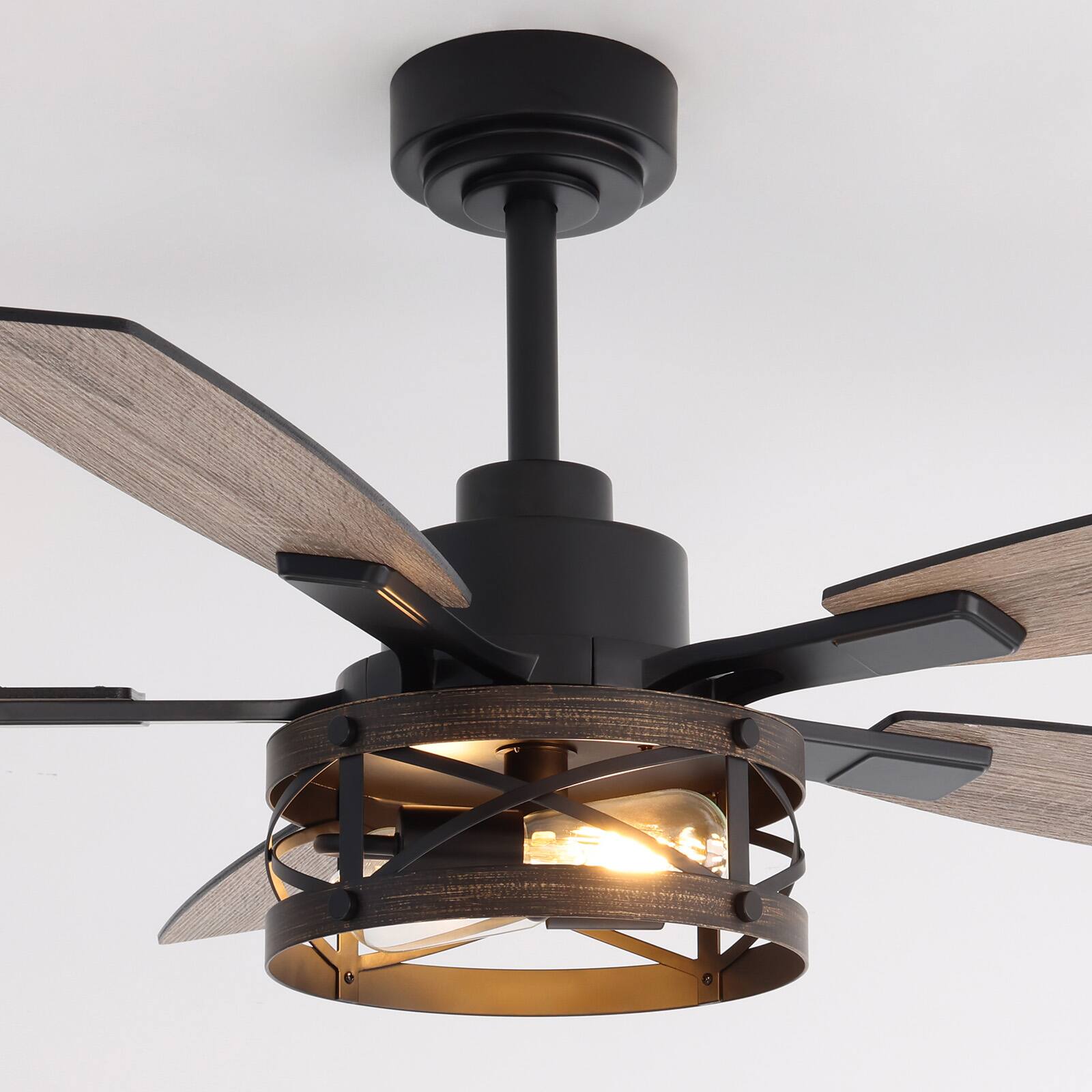 Angle. Siljoy - 52-in Rustic Cage Ceiling Fan with Walnut or Black Color Blades Ceiling Fan With Light - Remote Included ( 5-Blade ) - Black and Gold Accents.