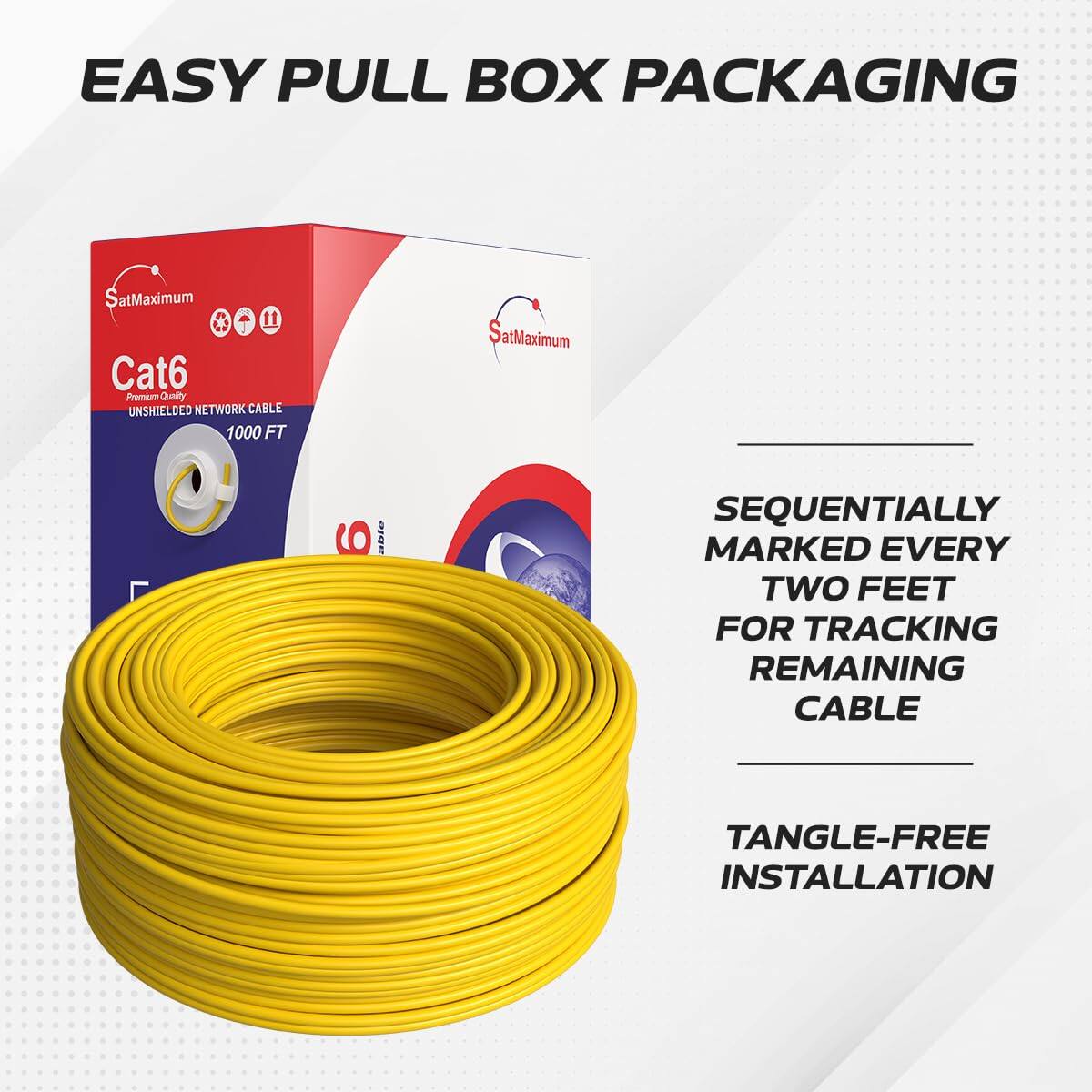 EASY PULL BOX PACKAGING

SatMaximum Cat6 Premium Quality UNSHIELDED NETWORK CABLE 1000 FT

- SEQUENTIALLY MARKED EVERY TWO FEET FOR TRACKING REMAINING CABLE
- TANGLE-FREE INSTALLATION