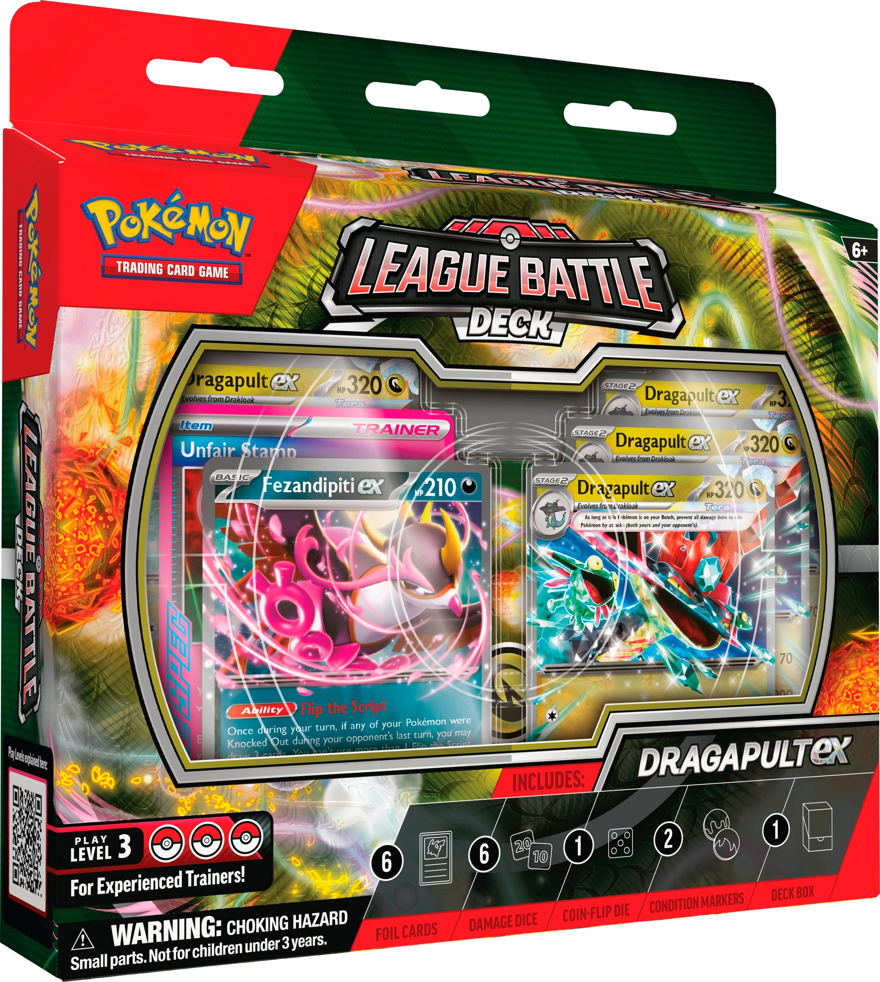 Pokemon League Battle Deck:

* Includes 21 cards, 2 level 3 trainers, 6 level 6 Pokemon, and 1 level 3 trainer.
* For experienced trainers!
* Deck box with condition markers, coin-flip die, choking hazard warning, and damage dice.
* Small parts. Not for children under 3 years.

Dragapult ex 320:

* Includes 21808g Pokemon trading card game.
* Features a dragon Pokemon with a powerful attack.
* A great addition to any Pokemon collection.
* Requires the Pokemon League Deck to play.