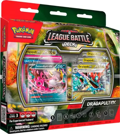 Pokemon League Battle Deck:
* Includes 21 cards, 2 level 3 trainers, 6 level 6 Pokemon, and 1 level 3 trainer.
* For experienced trainers!
* Deck box with condition markers, coin-flip die, choking hazard warning, and damage dice.
* Small parts. Not for children under 3 years.
Dragapult ex 320:
* Includes 21808g Pokemon trading card game.
* Features a dragon Pokemon with a powerful attack.
* A great addition to any Pokemon collection.
* Requires the Pokemon League Deck to play.