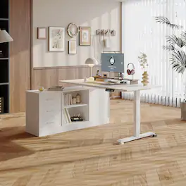 FUFU & GAGA - Electric Standing Desk with Interchangeable Storage Cabinet – 63" Sit Stand Workstation, 4 Memory Presets - White