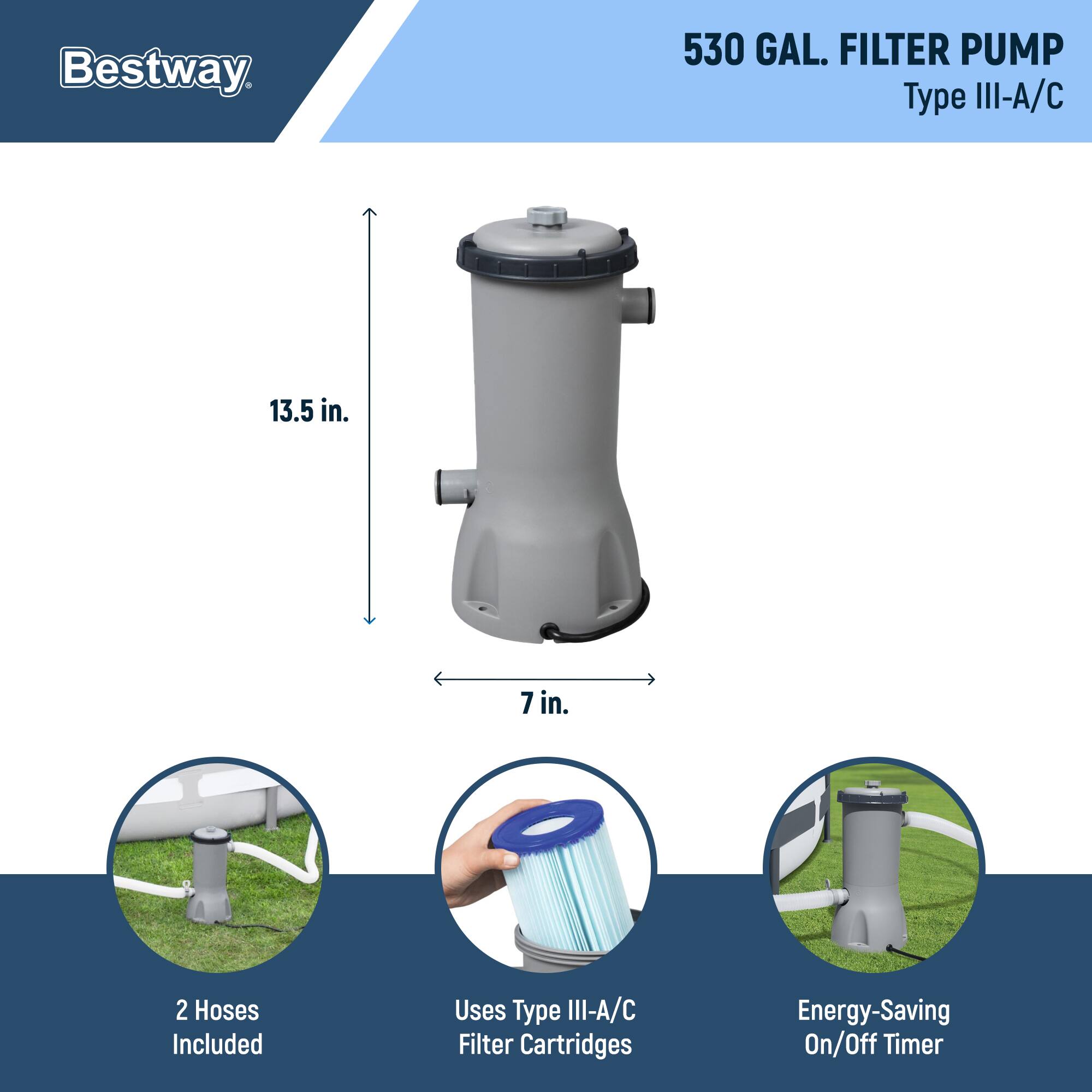 Bestway 530 GAL. FILTER PUMP  
Type III-A/C  

- 13.5 in.  
- 7 in.  

2 Hoses Included  
Uses Type III-A/C Filter Cartridges  
Energy-Saving On/Off Timer