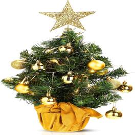 RTMB - 24" Tabletop Mini Christmas Tree w/ LED Lights & Ornaments, Green/Gold - Gold,gold Tree