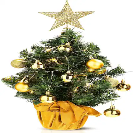 Front. RTMB - 24" Tabletop Mini Christmas Tree w/ LED Lights & Ornaments, Green/Gold - Gold,gold Tree.