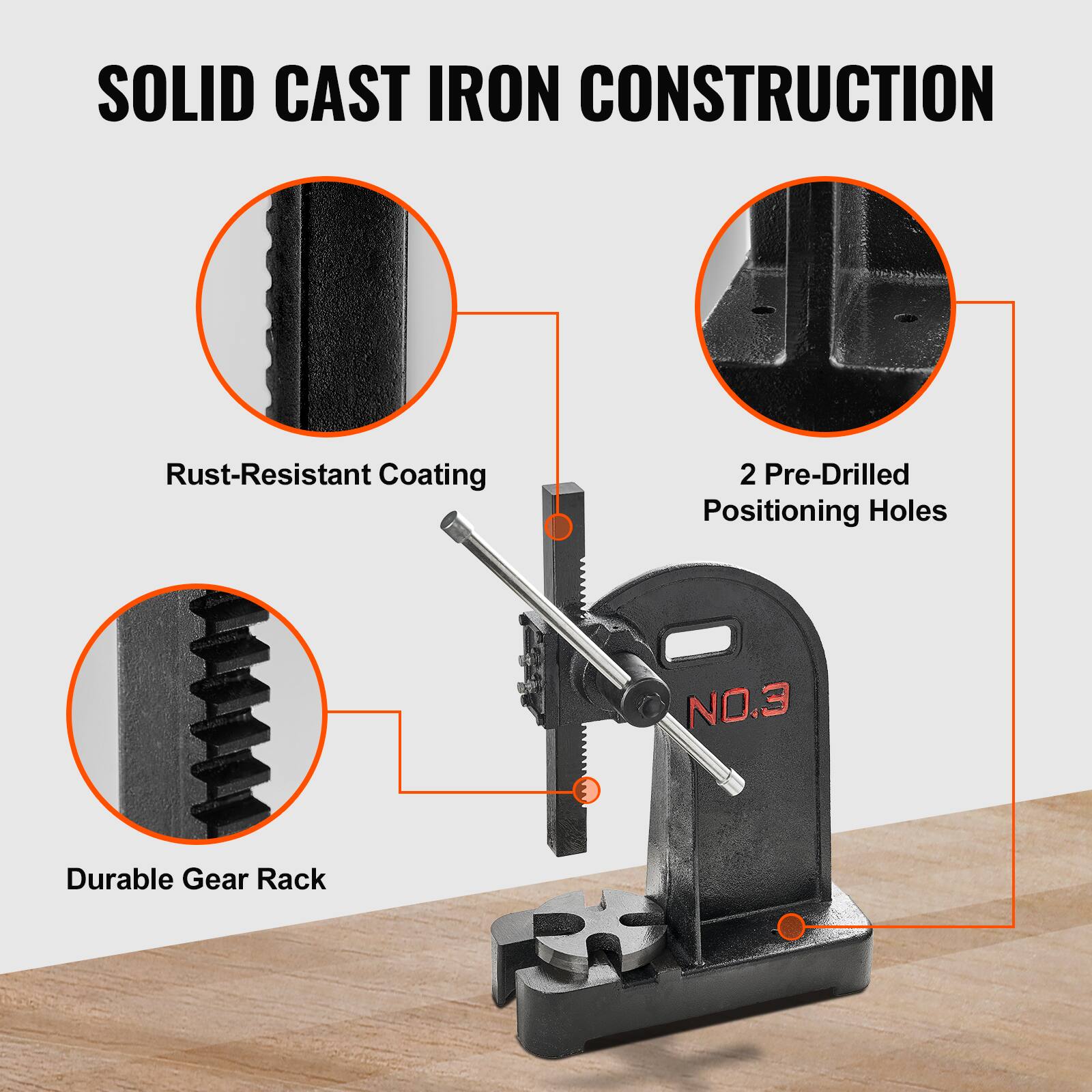 SOLID CAST IRON CONSTRUCTION

- Rust-Resistant Coating
- 2 Pre-Drilled Positioning Holes
- Durable Gear Rack

NO.3