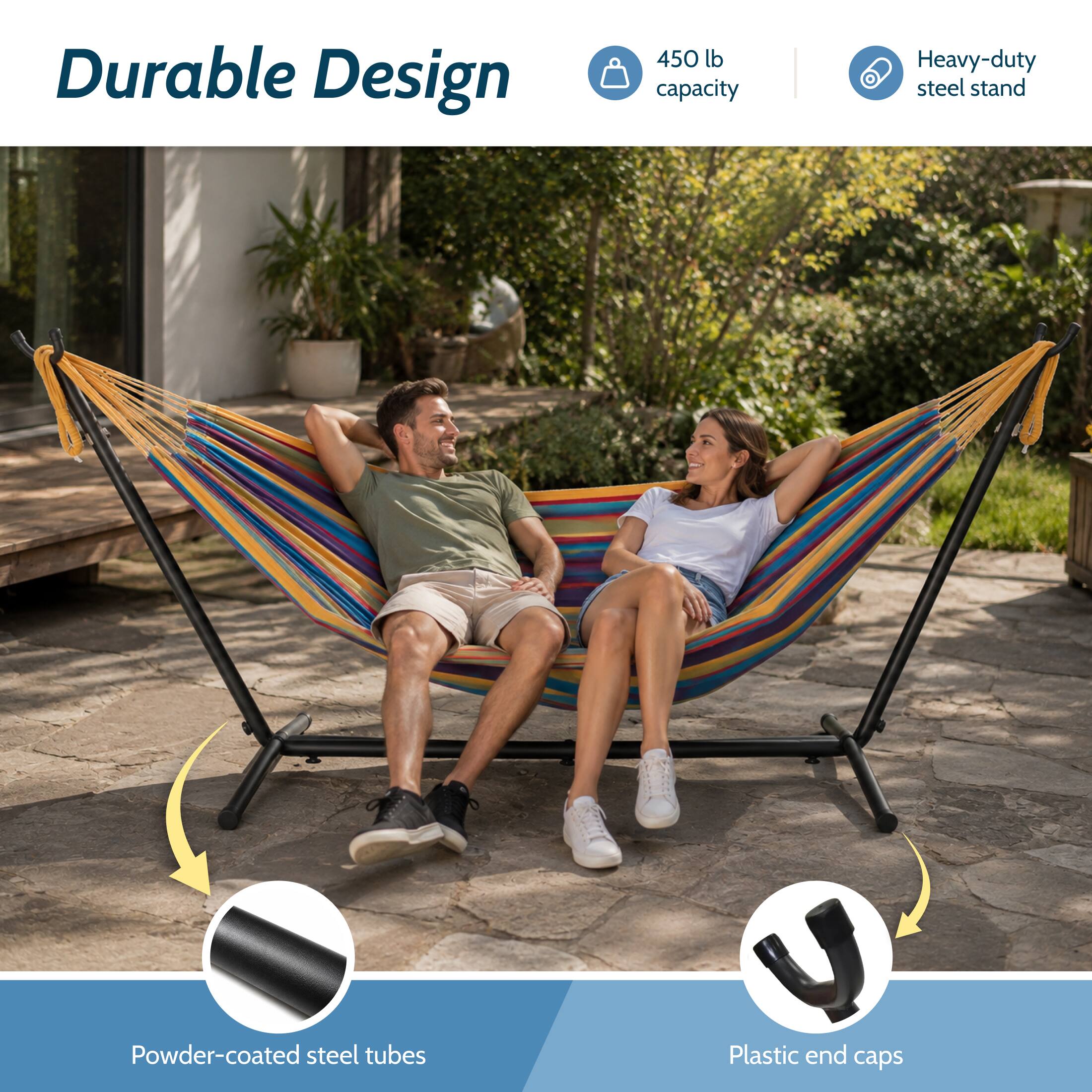 Durable Design

450 lb capacity

Heavy-duty steel stand

Powder-coated steel tubes

Plastic end caps