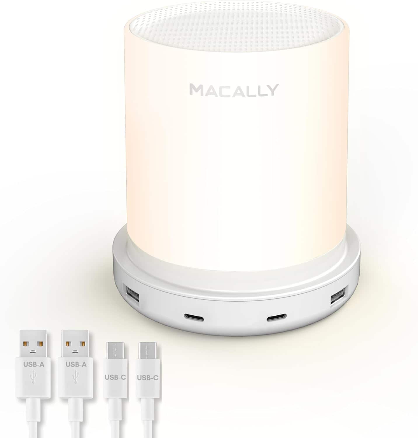 Macally - Small Bedside Lamp with USB Ports (USB C + A) - Fast Charging Bedside Light and 3 Way Dimmable Touch Lamp