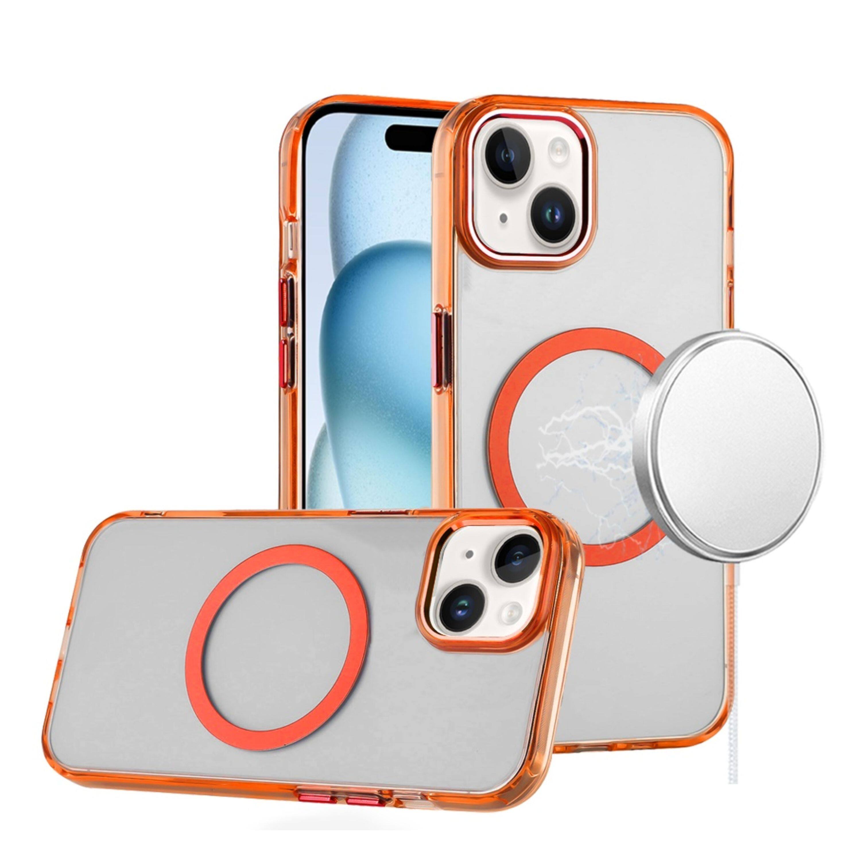 Angle. Kitcheniva - Trans-Clear Metal Buttons Phone Case With 2 Pcs Tempered Glass For iPhone 15 Plus Cosmic Orange - Cosmic Orange.