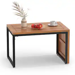 Costway - 1 PCS Patio Acacia Wood Side Table with Slatted Tabletop, Metal Frame for Backyard - Natural