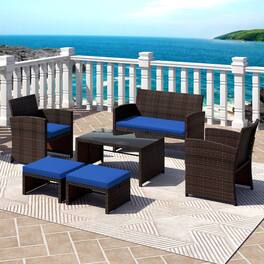 Gymax - 6 PCS Patio Furniture Set w/ 1 Loveseat 1 Coffee Table 2 Armchairs 2 Ottomans Blue - Mix Brown, Navy Blue