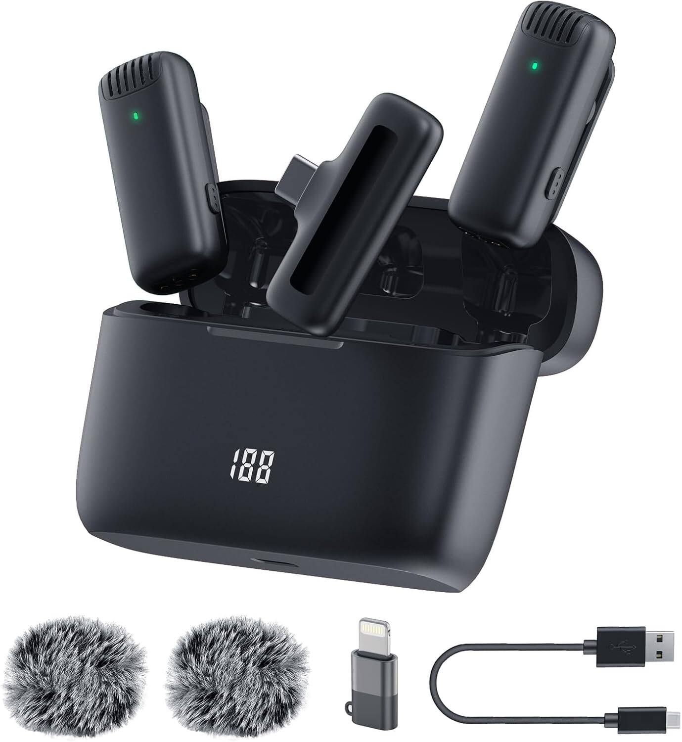Angle. Core Tech - Wireless Lavalier Microphone System – Dual Clip-On Mics with Charging Case, Noise Reduction, Plug & Play (J13 Pro) - Black.