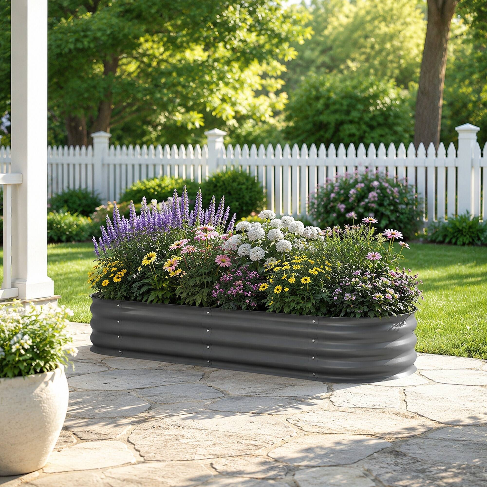 Back. RYHNUYNE - Galvanized Raised Garden Bed Kit 4.9x2x1 ft Outdoor Metal Planter Box with Safety Edging for Vegetables Flowers - Gray.
