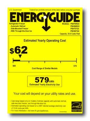 Energy Guide. GE - GE 25.5 Cu. Ft. Side-by-Side Refrigerator with Thru-the-Door Ice and Water - White-on-White.