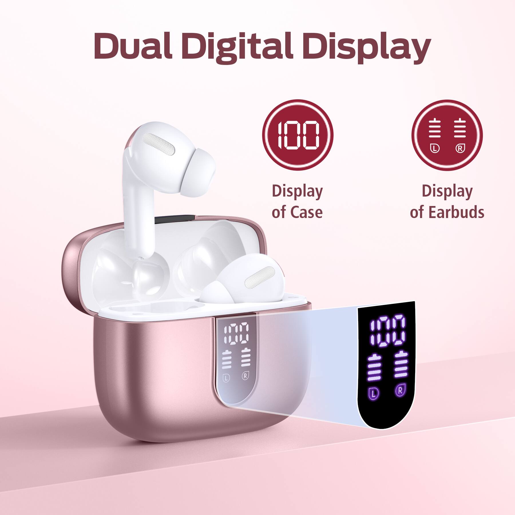Dual Digital Display

- Display of Case: 100
- Display of Earbuds: 100
