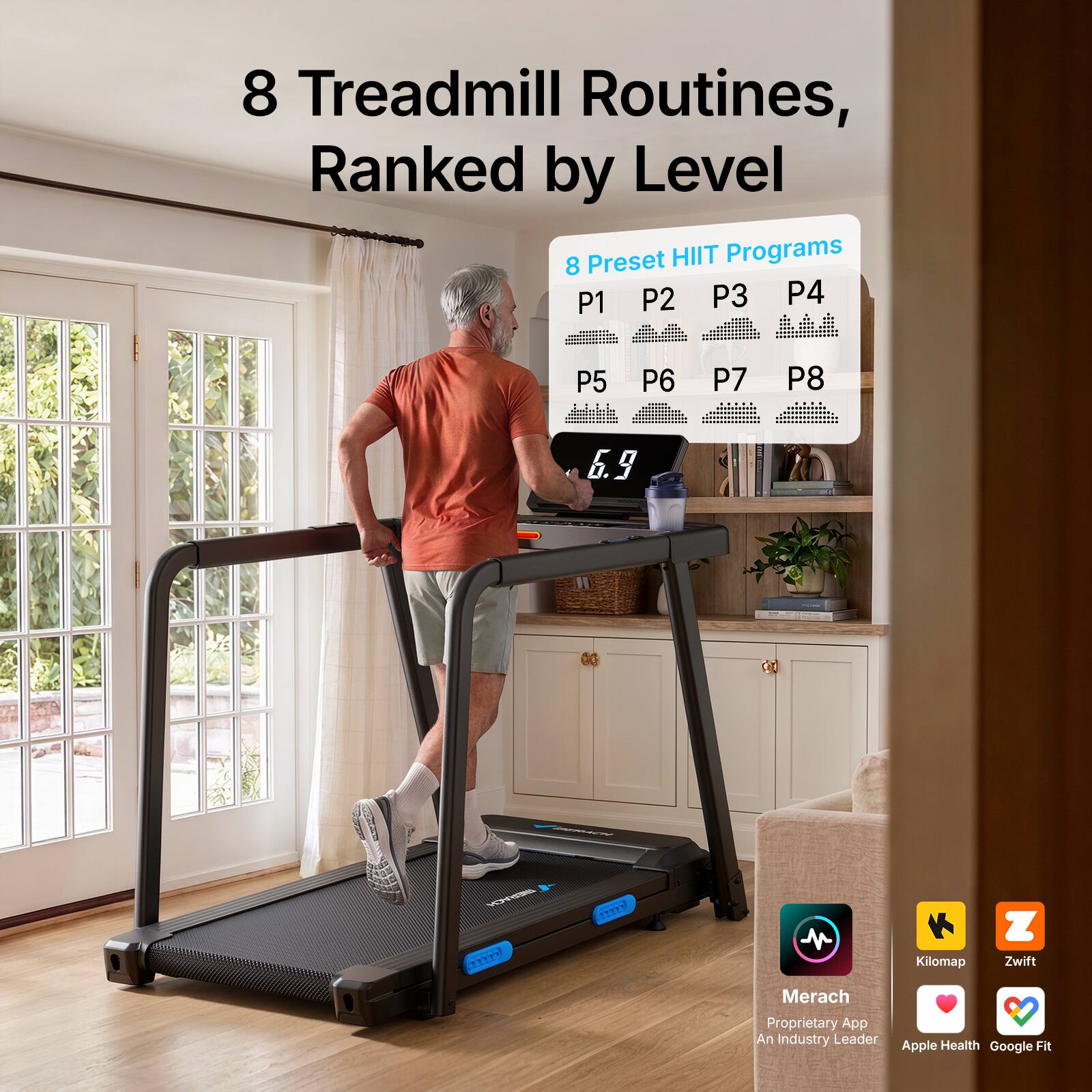 8 Treadmill Routines, Ranked by Level

8 Preset HIIT Programs
P1 P2 P3 P4
P5 P6 P7 P8

6.9

TRERACH 272777

my
Merach
Proprietary App
An Industry Leader

Kilomap
Zwift
Apple Health
Google Fit