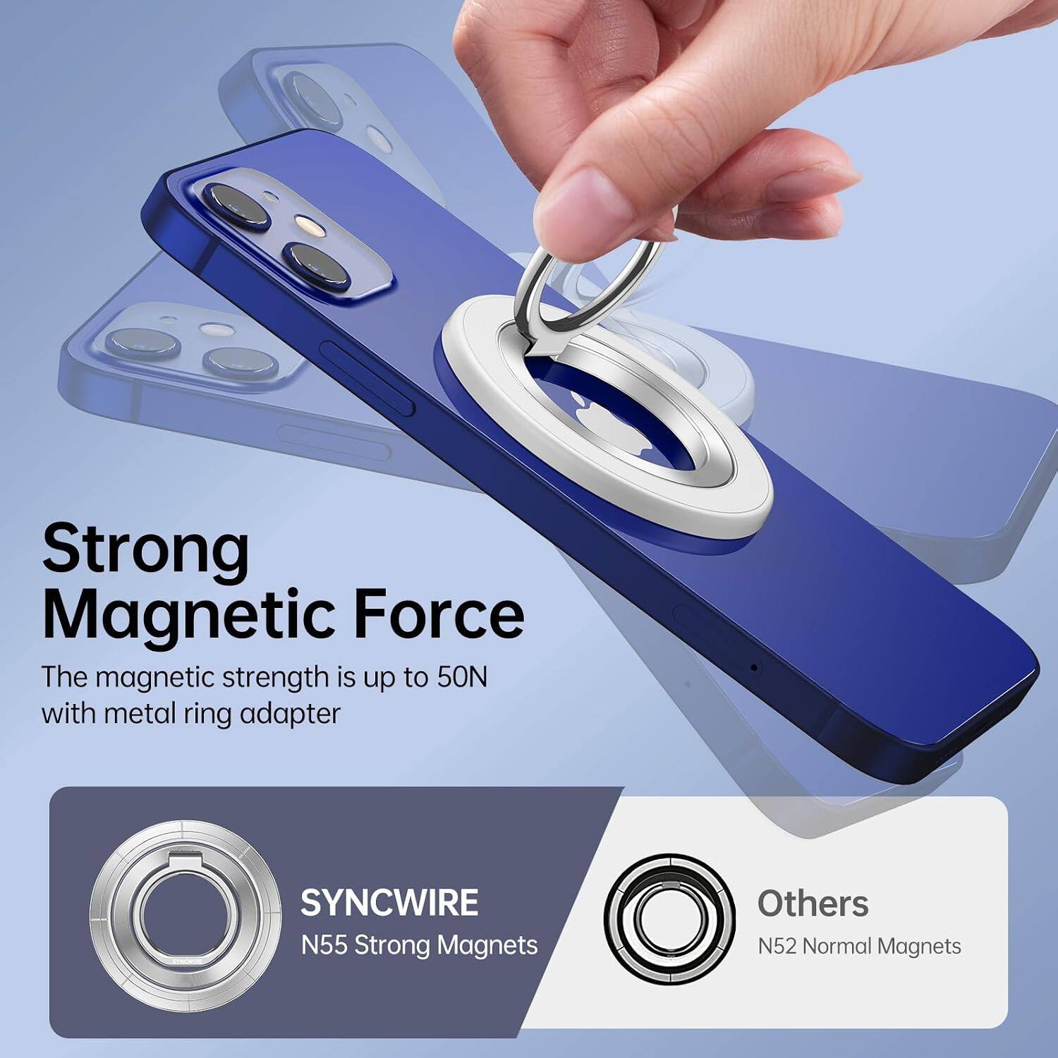 Strong Magnetic Force  
The magnetic strength is up to 50N with metal ring adapter

SYNCWIRE  
N55 Strong Magnets

Others  
N52 Normal Magnets