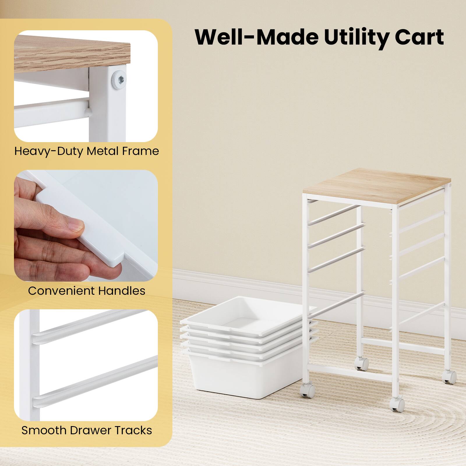Well-Made Utility Cart

Heavy-Duty Metal Frame

Convenient Handles

Smooth Drawer Tracks