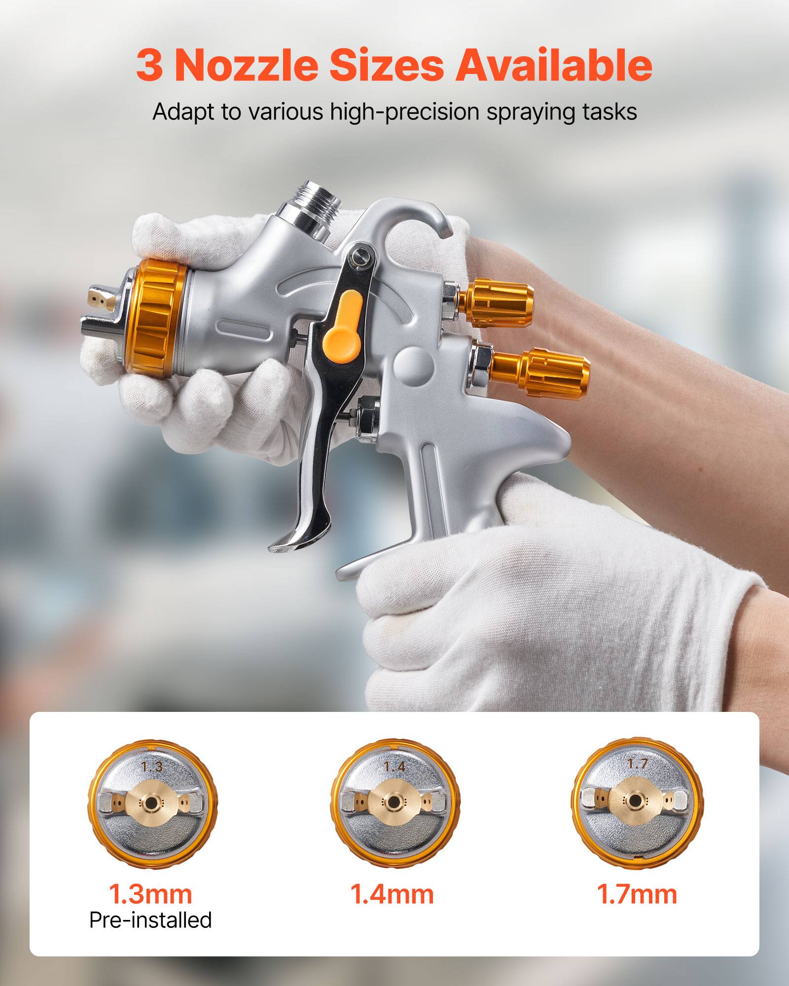 3 Nozzle Sizes Available  
Adapt to various high-precision spraying tasks  

1.3mm Pre-installed  
1.4mm  
1.7mm