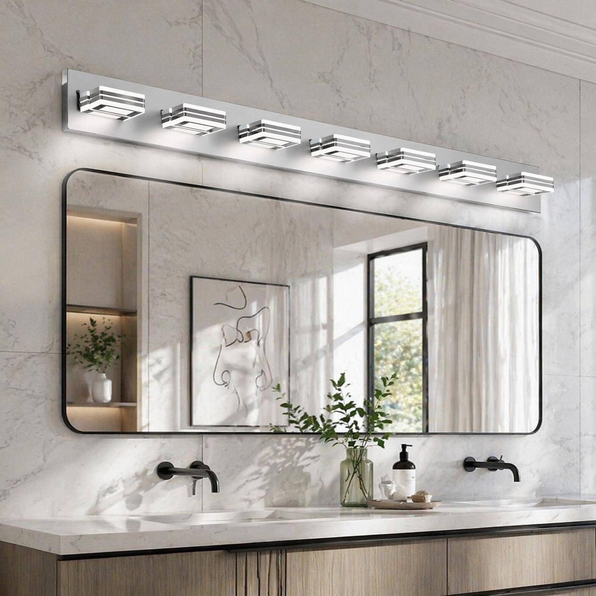 Alt View 2. RYHNUYNE - 45" Modern 7‑Light LED Vanity Light,Square Acrylic Shade Bathroom Vanity Light Fixture,Wall Lighting for Bath - Chrome.