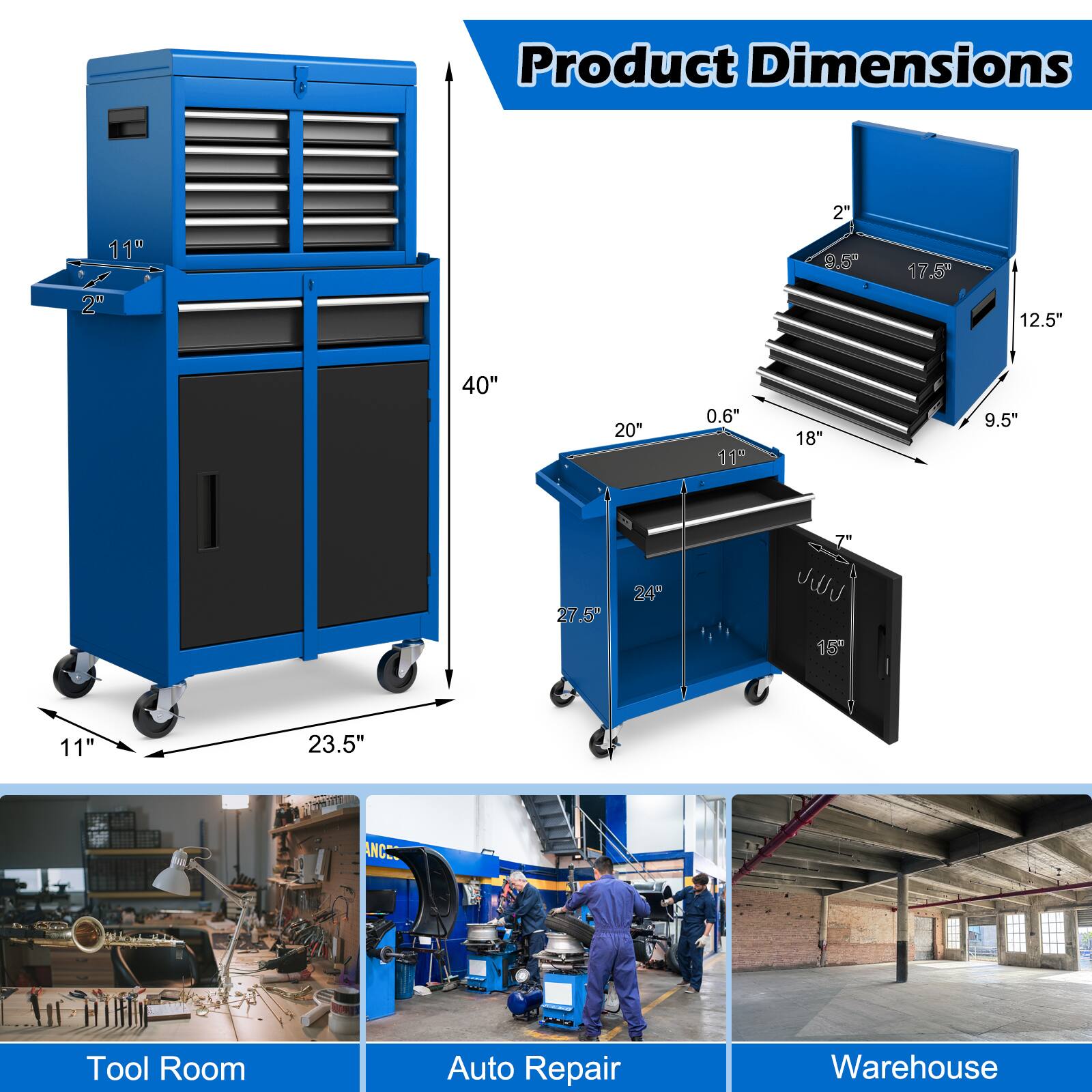 Product Dimensions 11" 2" 2" 9.5 17.5 12.5" 40" 20" 0.6" 18" 9.5" 27.5" 24" 7" 16" 11" 23.5" od ANCE Tool Room Auto Repair Warehouse