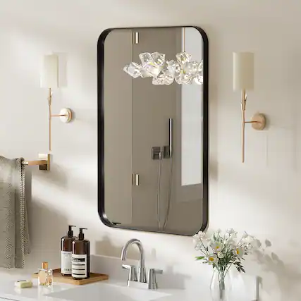 Front. LOVMOR - 24 in. W x 32 in. H Modern Rectangular Aluminum Framed Wall Bathroom Vantiry Mirror in Black - Black.