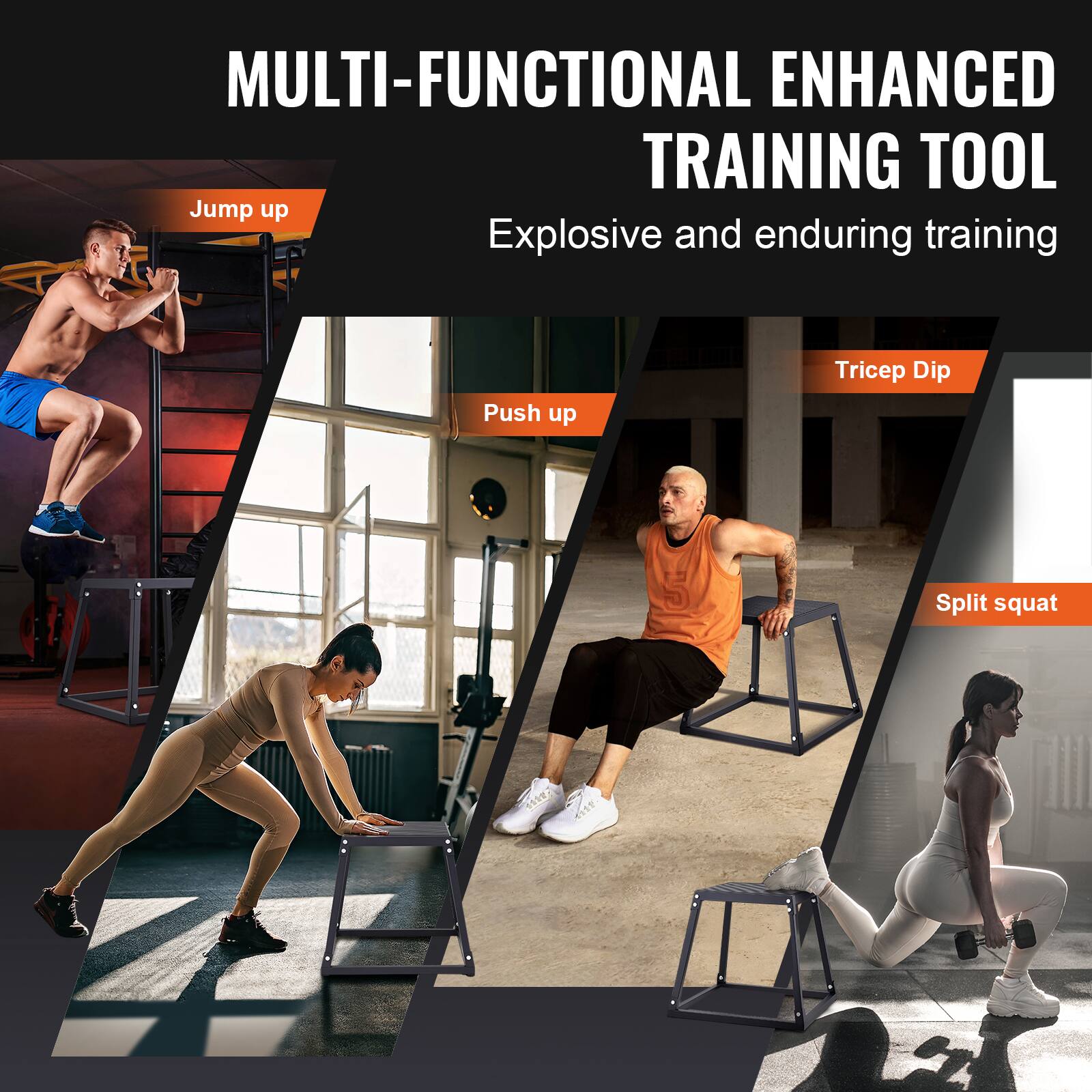 The text in the image can be grouped and corrected as follows:

**Title:**
- MULTI-FUNCTIONAL ENHANCED TRAINING TOOL

**Subtitle:**
- Explosive and enduring training

**Exercises:**
1. Jump up
2. Push up
3. Tricep Dip
4. Split squat