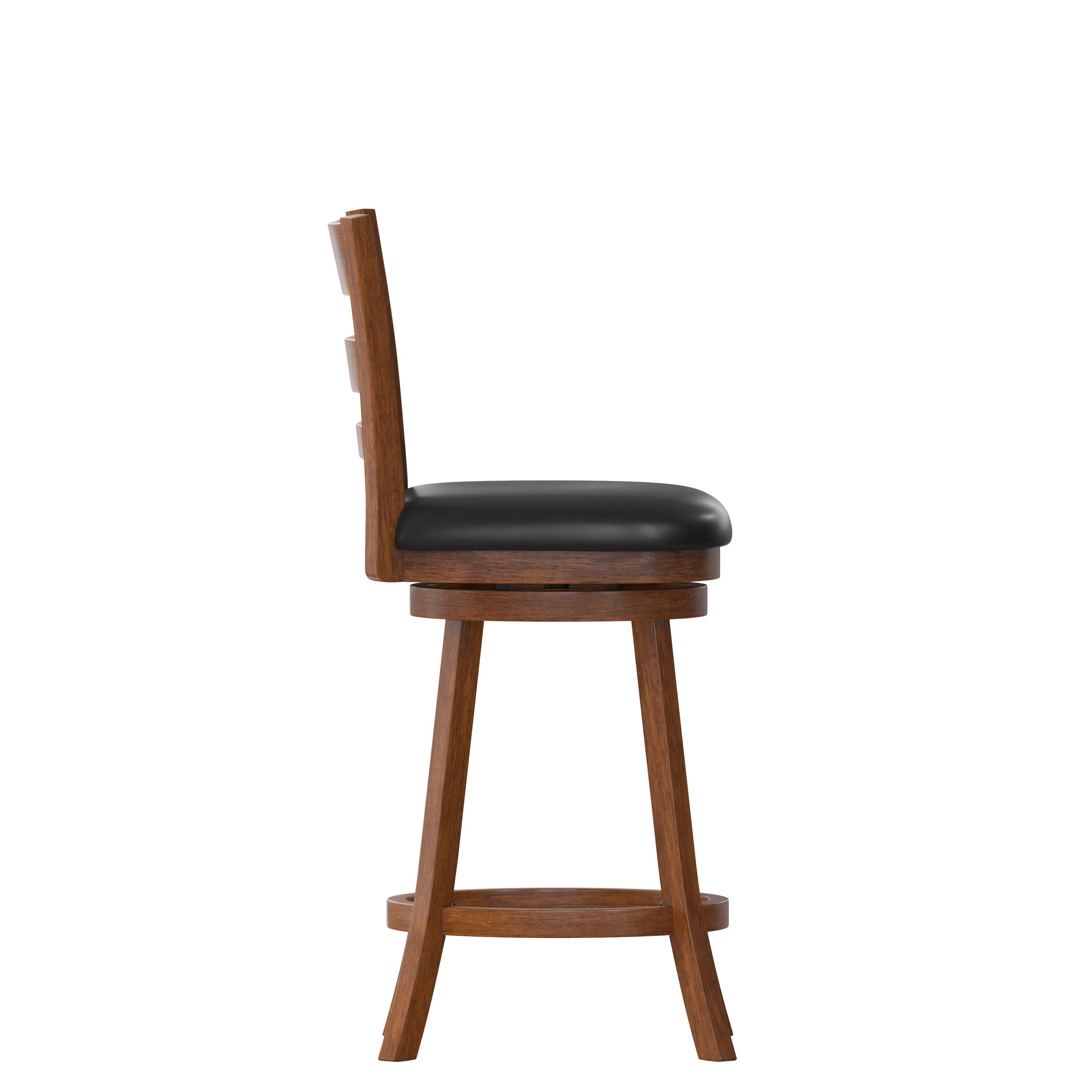 Left. Flash Furniture - Zerrick Commercial Grade Wood Classic Ladderback Swivel Counter Height Barstool with Padded Black LeatherSoft Seat, Anti - Brown.
