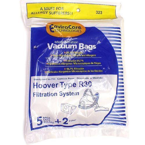 A MUST FOR ALLERGY SUFFERERS!!  
323  
EnviroCare TECHNOLOGIES  
Micro Filtration Vacuum Bags  
99.76% Finration Traps Microscopic Particles and Allergens  
Filtracion 99.7% Particulas Alergenicos Microscpicos de Piges  
99,7% Filtracin Particulas Alergnicos Microscpicos de los Desvios  

Designed to Fit: Hoover Type R30 Filtration System  
BAGS SACS 2 Filfer 5 BOLSAS + 2 FILTER