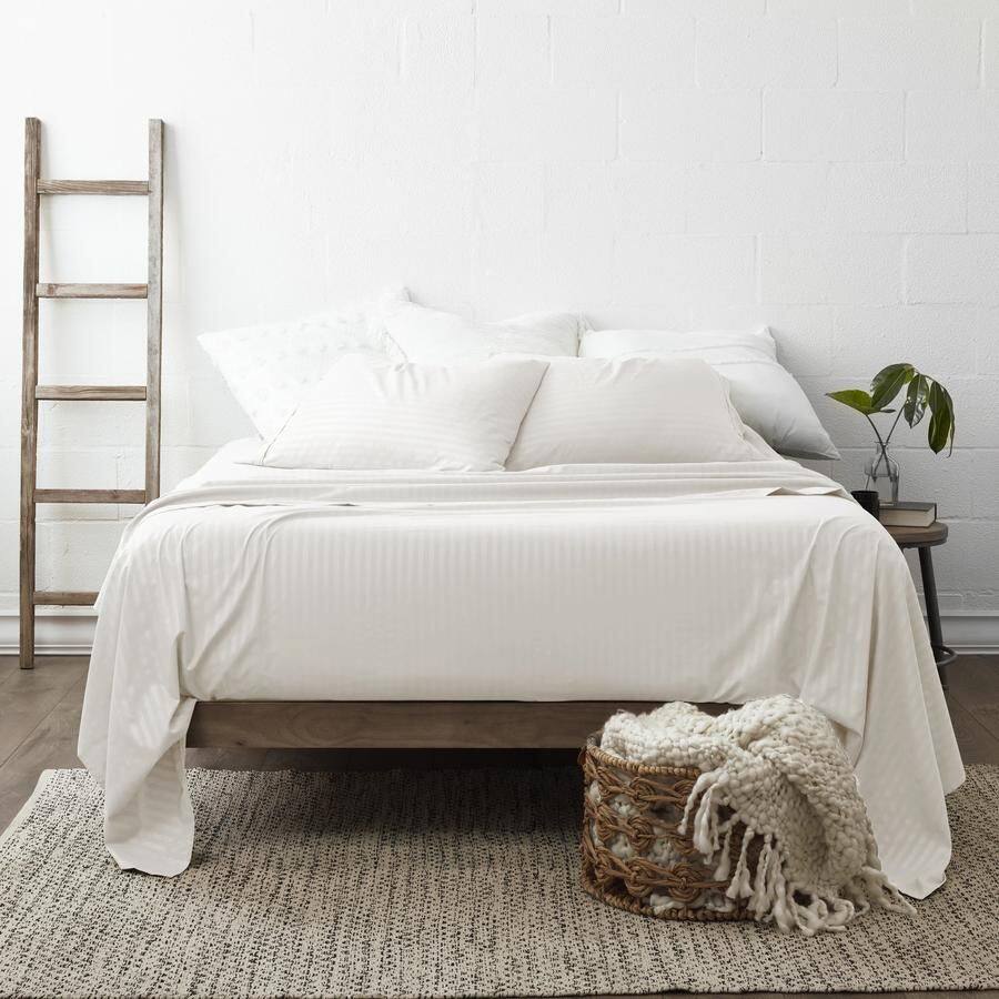 Left. Plazatex - 1800 Series Embossed Striped Wrinkle Resistant Sheet 4pc Set Queen - Ivory - Ivory.