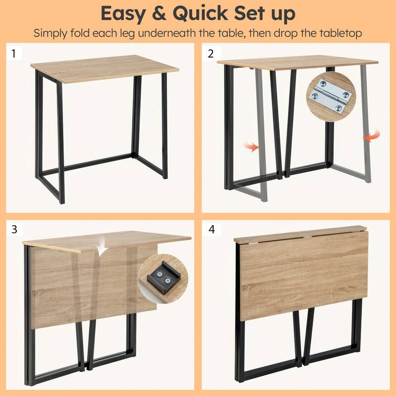 Easy & Quick Set up  
Simply fold each leg underneath the table, then drop the tabletop  

1  
2  
3  
4