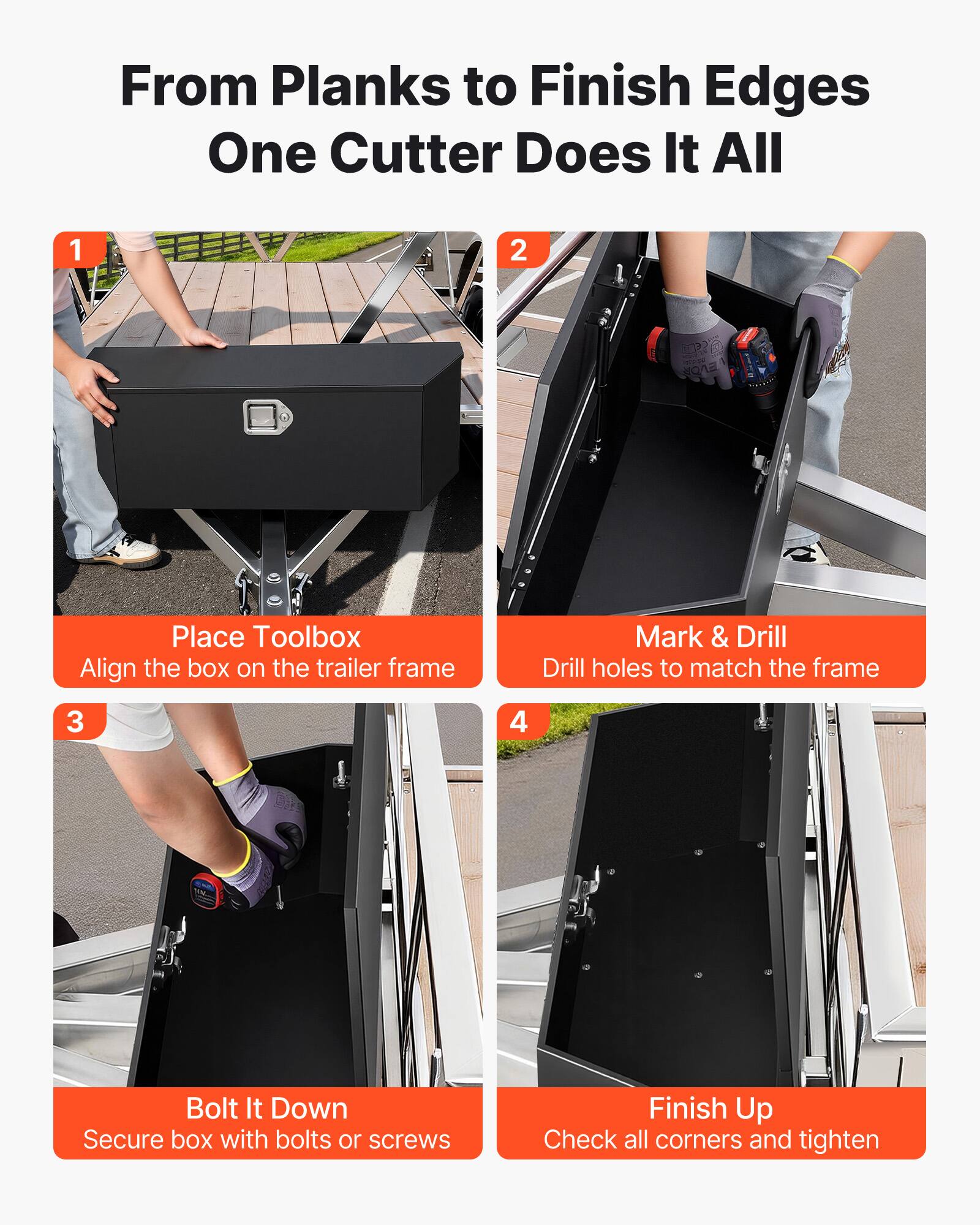 From Planks to Finish Edges  
One Cutter Does It All

1. Place Toolbox  
   Align the box on the trailer frame

2. Mark & Drill  
   Drill holes to match the frame

3. Bolt It Down  
   Secure box with bolts or screws

4. Finish Up  
   Check all corners and tighten