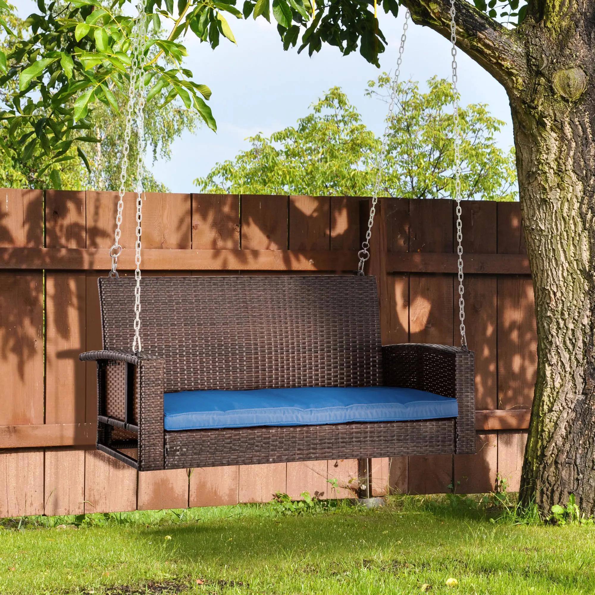 Alt View 7. Resenkos - Resenkos 2-Person Wicker Swing Bench, Outdoor Patio Swing Chair With Cushions,  Perfect for Garden, Blue.