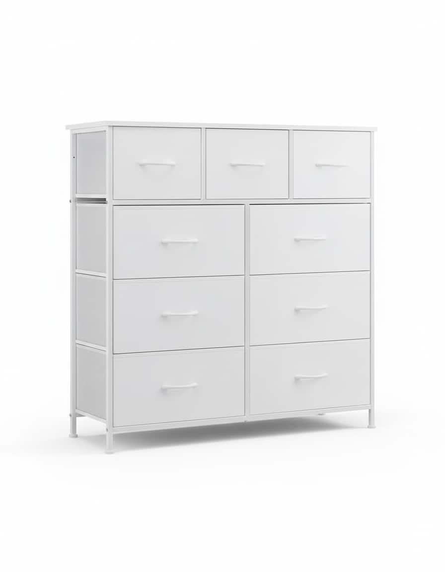 AOITUN - Wide 9-Drawer Fabric Dresser 47", Storage Chest with Narrow Depth, Horizontal Organizer for Bedroom - White